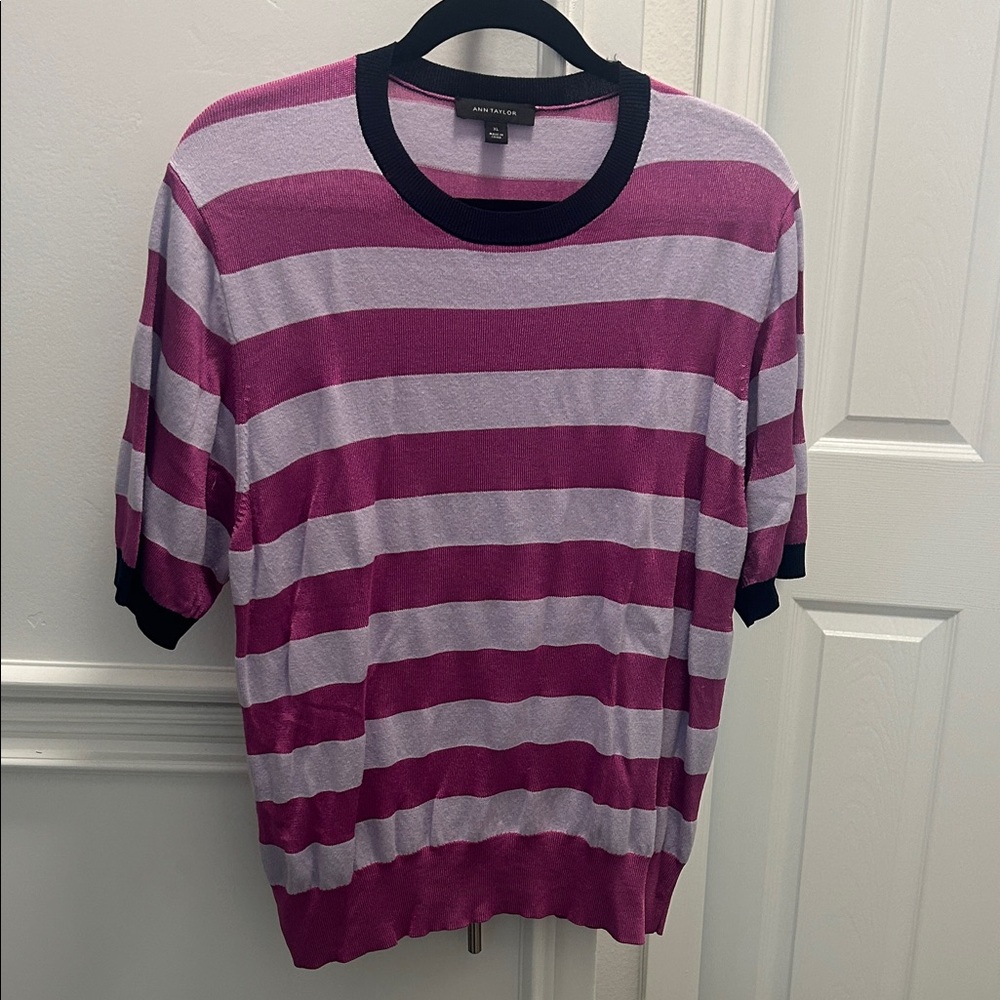 Ann Taylor Striped Purple and Pink Short Sleeve Sweater